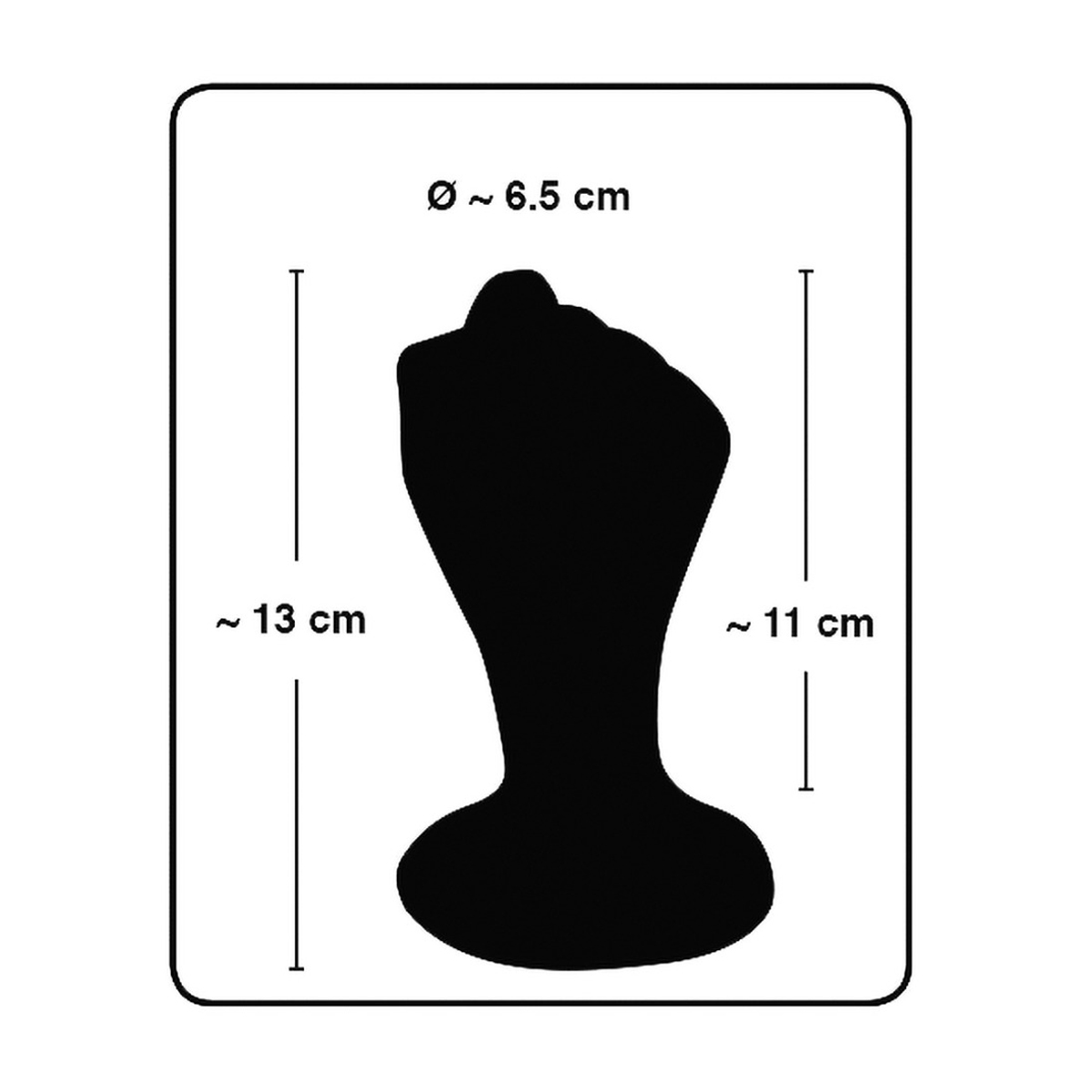 Eine schwarze, abstrakte Form mit Abmessungen. Es ist eine Illustration eines Produkts für sexuelle Gesundheit.