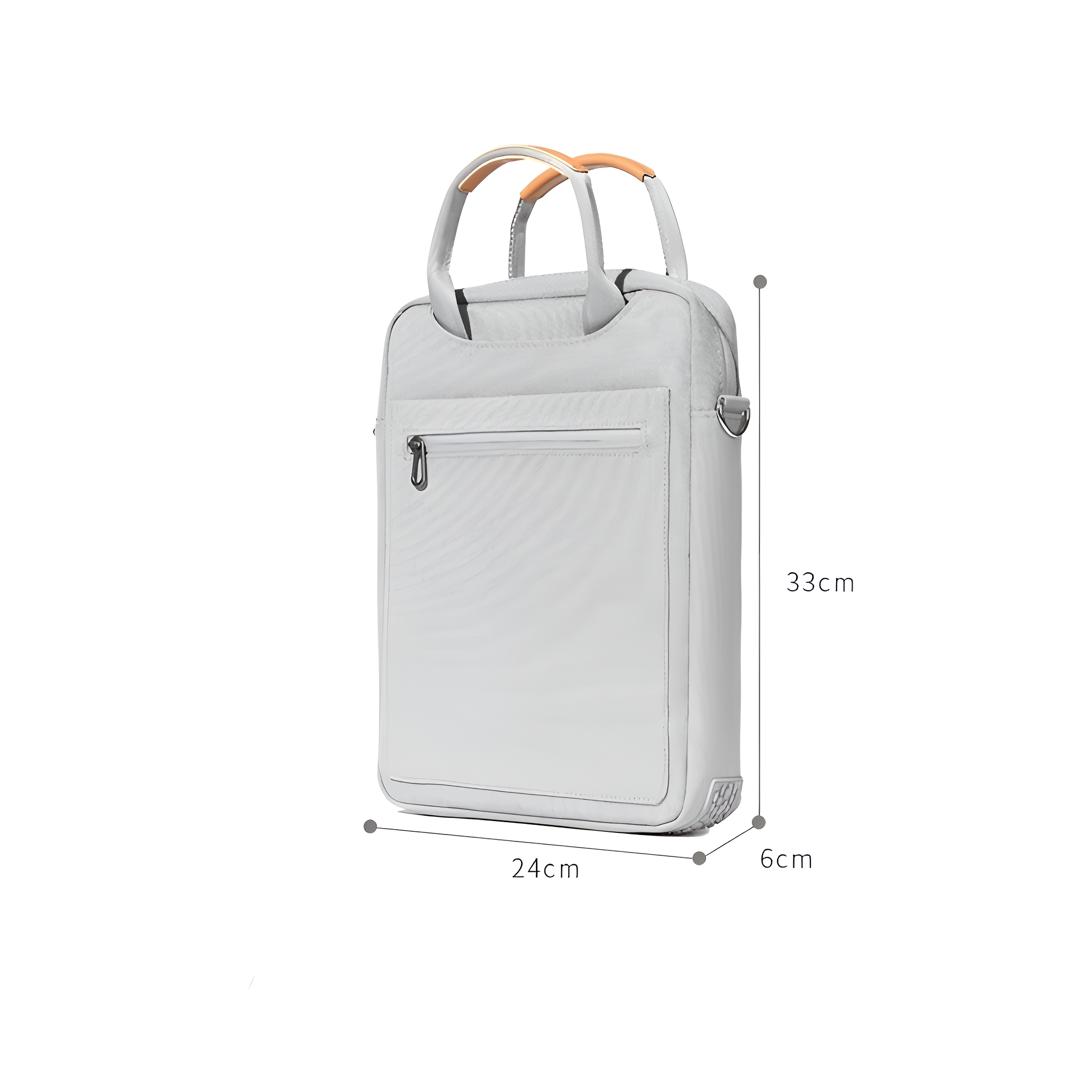 Eine hellgraue Laptoptasche mit den Maßen 24cm x 33cm x 6cm. Sie hat einen Griff und einen Schultergurt.