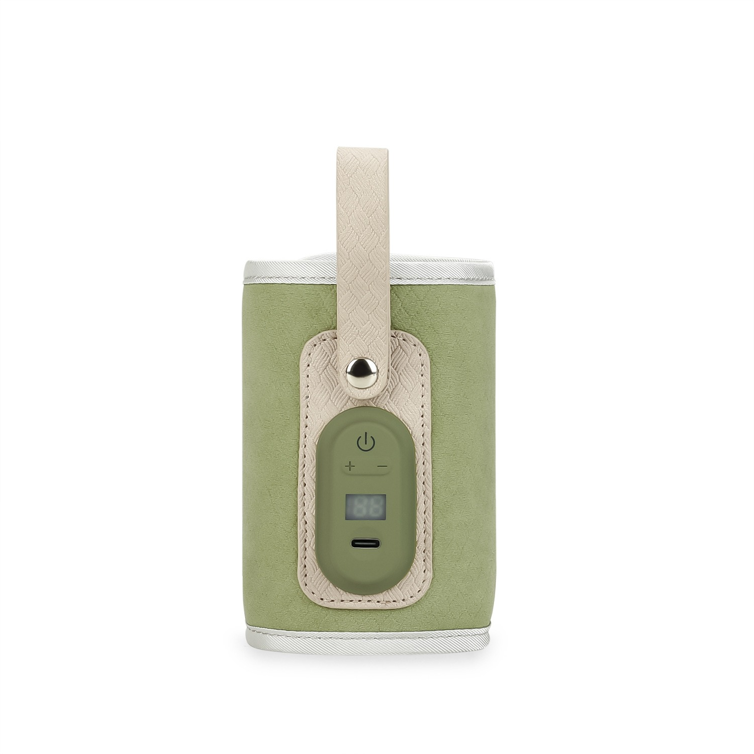 Olivgrüner Babyflaschenwärmer mit Griff und Digitalanzeige mit Knopf.