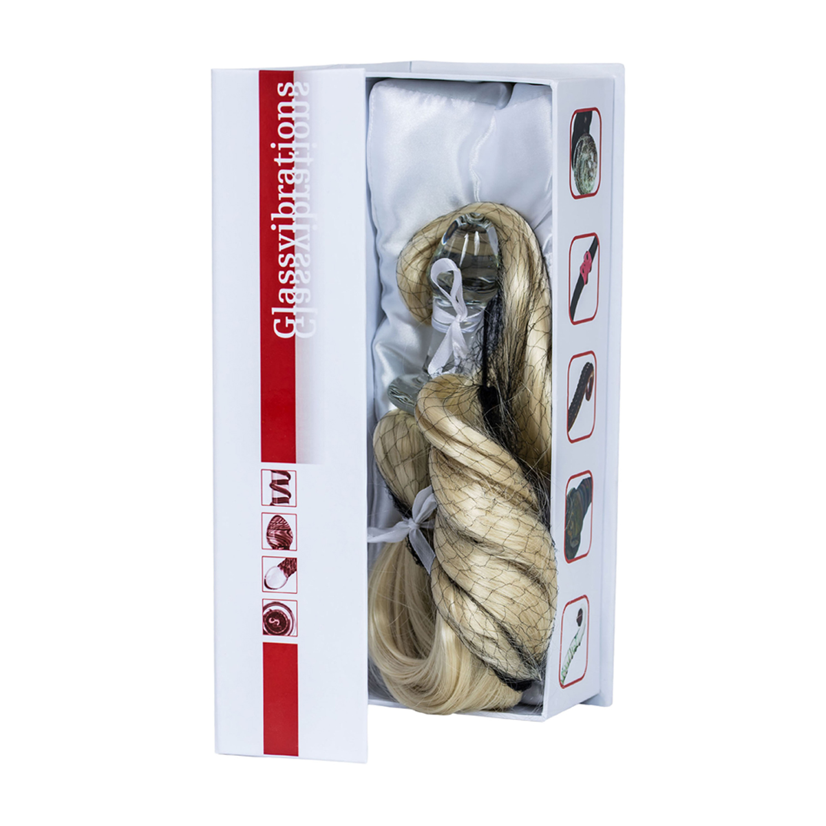 Eine blonde Perücke in einer weißen Box mit rotem Streifen, geöffnet, das Haar zeigend.