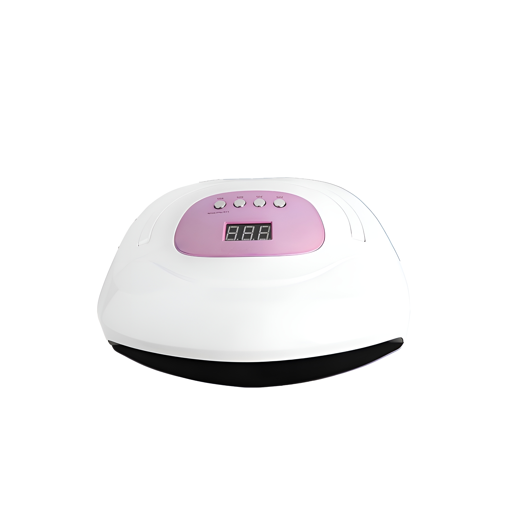 Weiße Nagellampe mit rosa Oberseite. Digitalanzeige zeigt Ziffern. Schwarze Basis und abgerundete Form.