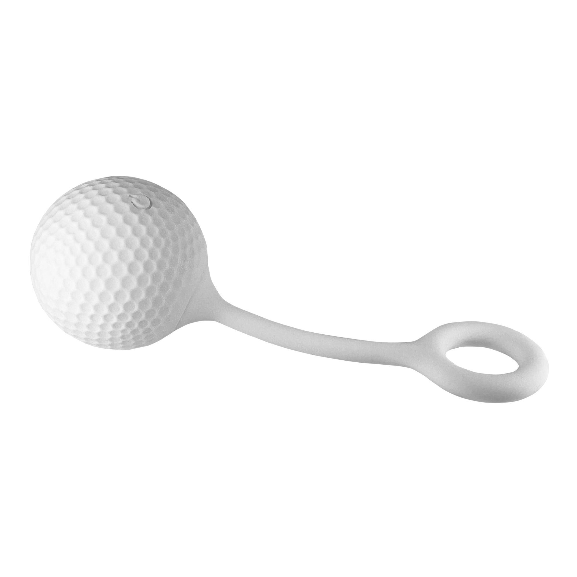 Ein weißes, golfballförmiges Objekt an einem weißen Faden mit einer Schlaufe am Ende.