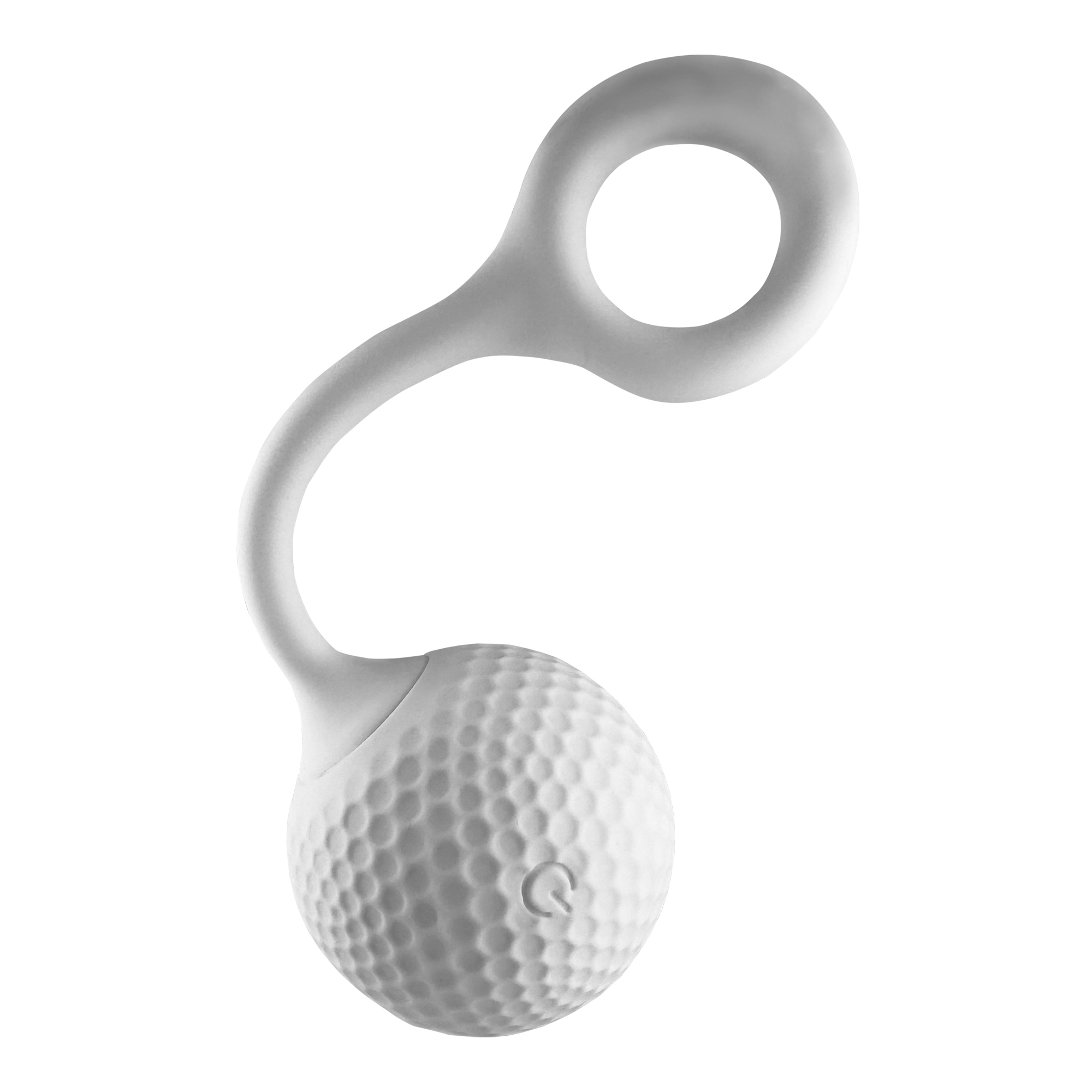 Weißes Gerät mit Golfballtextur und Schlaufe. Kleiner Power-Knopf. Weißer Hintergrund.