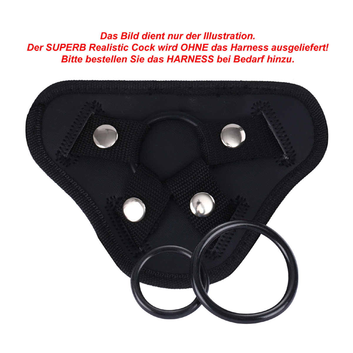 Schwarzes Geschirr mit Metallnieten und Ringen, auf weißem Grund.