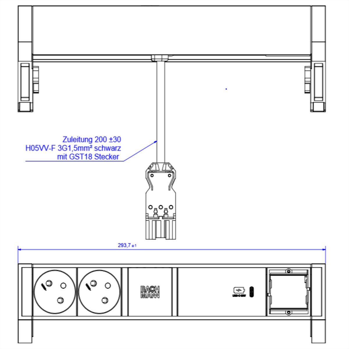 Disegno tecnico con connettori elettrici, dimensioni e testo.