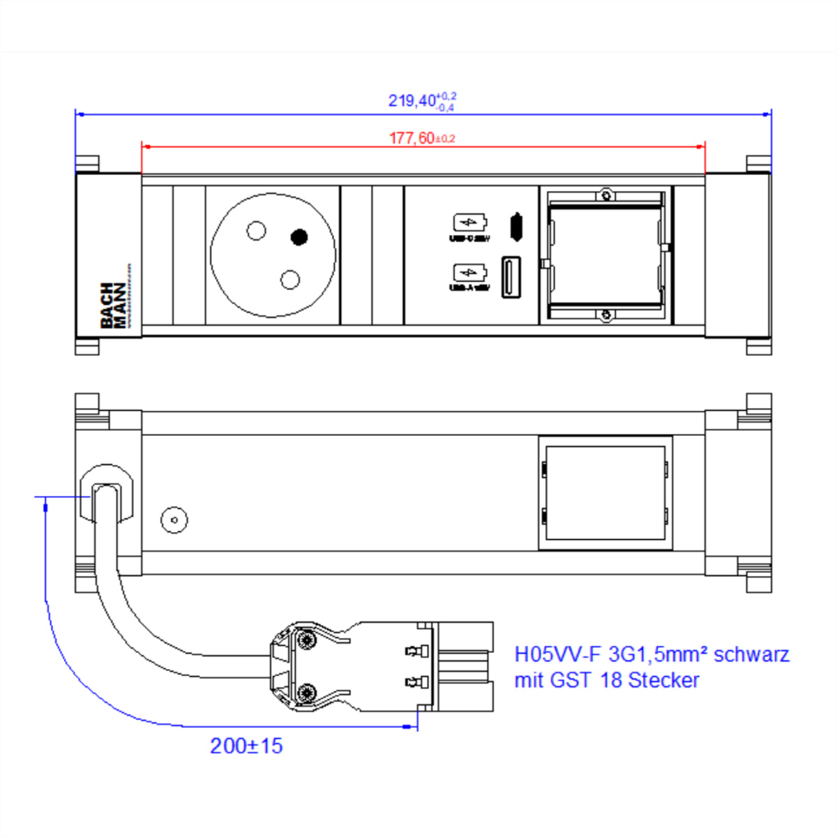 Technische tekening van een stekkerdoos met afmetingen en stekkerdetails.