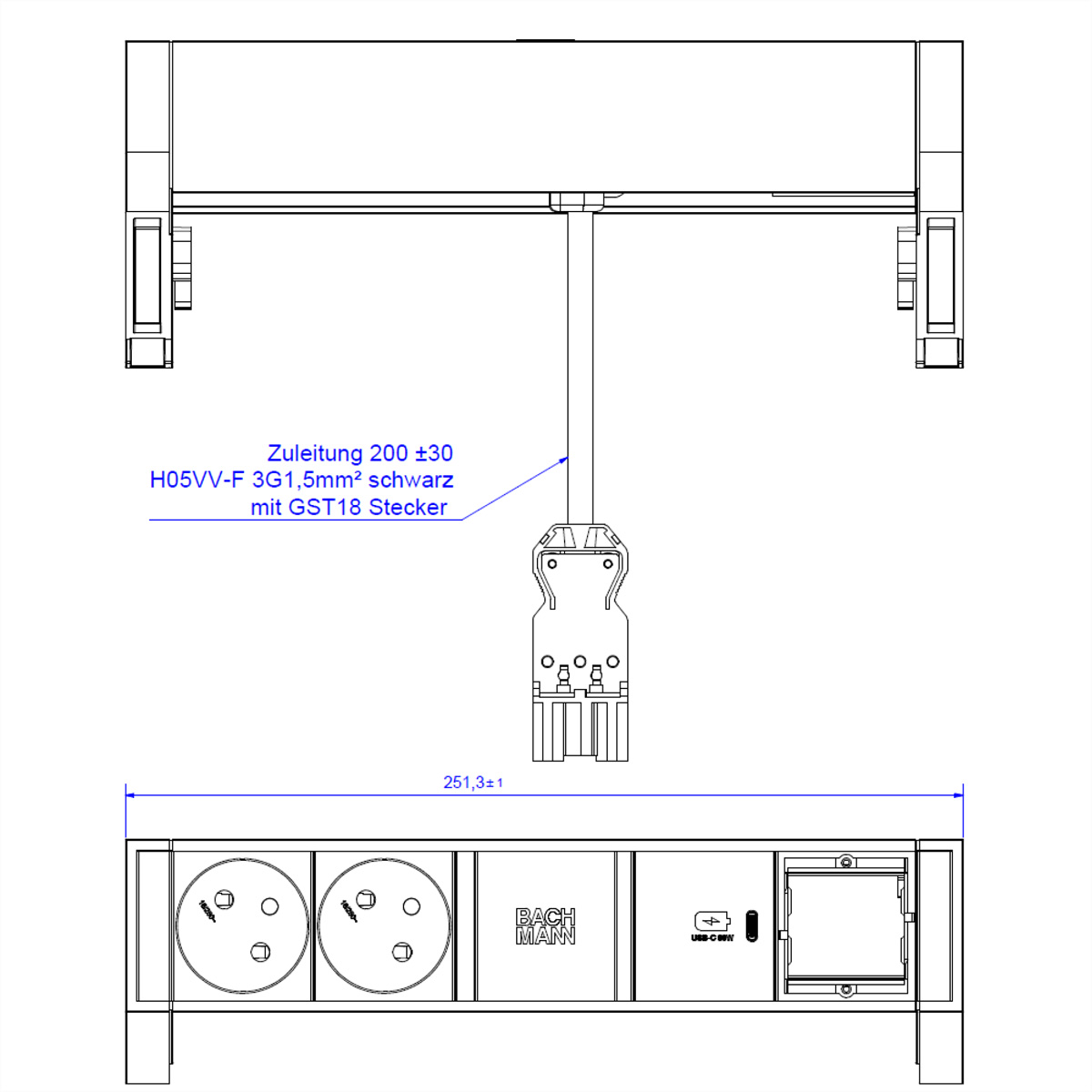 Diagramma tecnico di una presa multipla con misure e annotazioni testuali. Sfondo bianco.