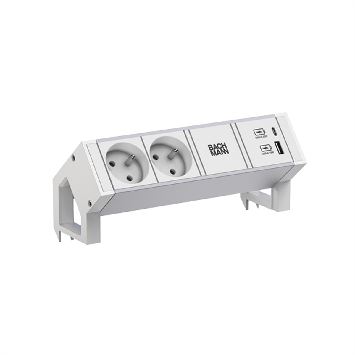Una ciabatta bianca con due prese e due porte USB. Ha un design inclinato.