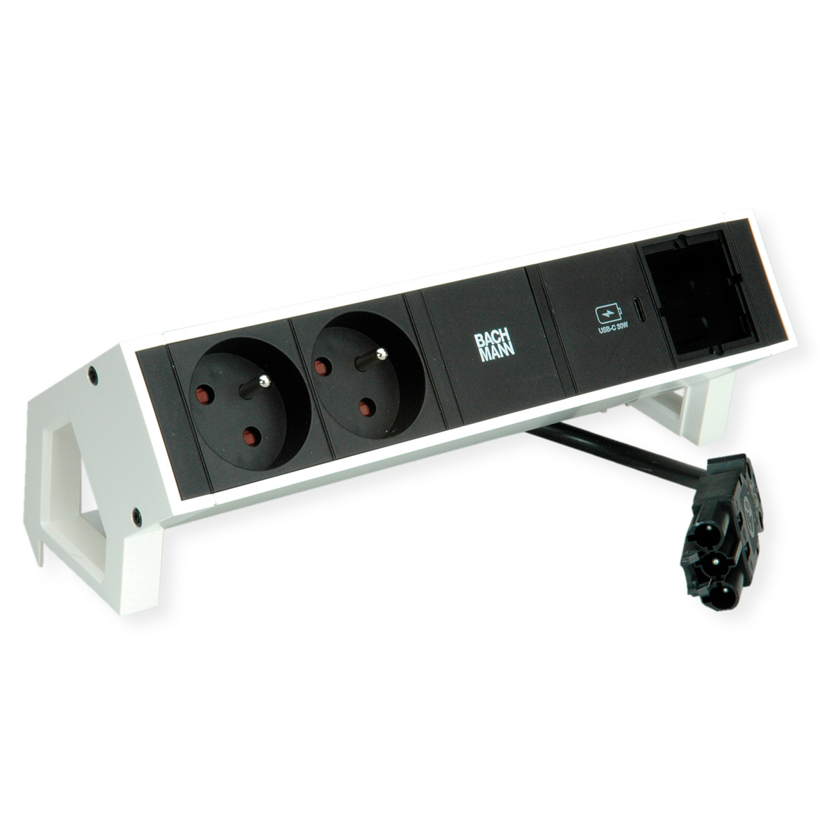 Presa di corrente bianca e nera con prese multiple e porta USB.