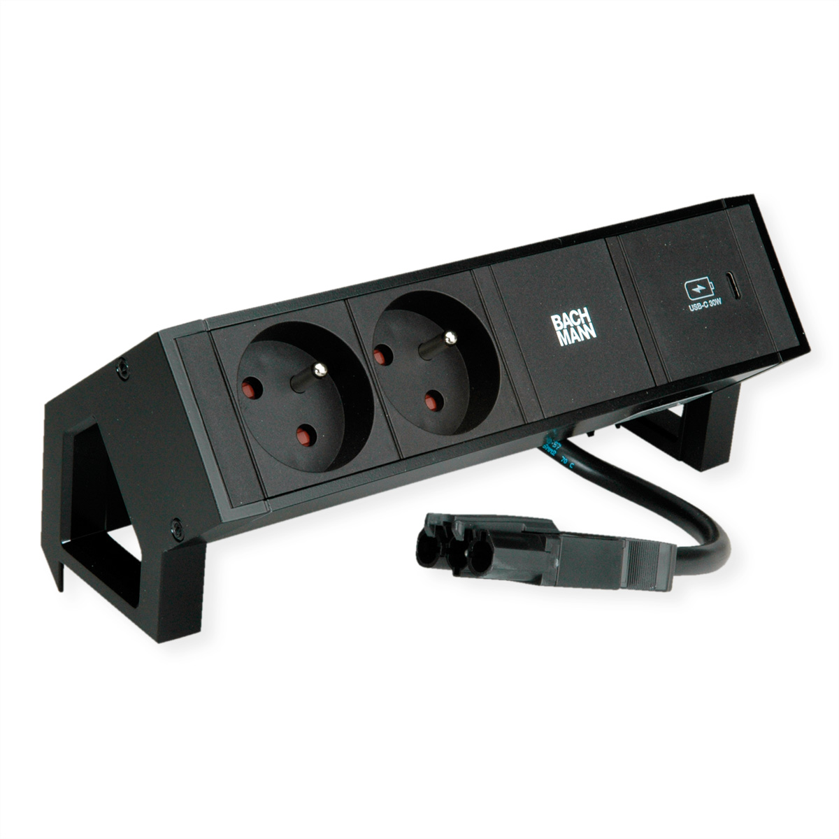 Multipresa nera con due prese, due porte USB e un cavo. Marchio: Bachmann.