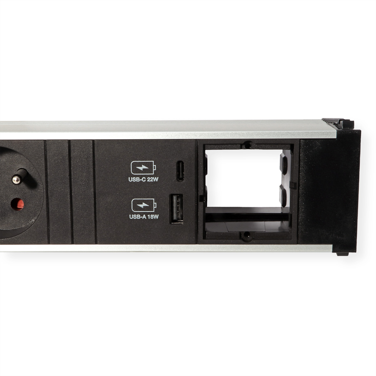 Ciabatta con prese e porte USB, design argento e nero.