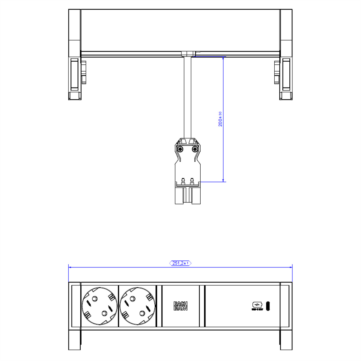 Technische tekening met afmetingen van een stopcontact met twee stopcontacten en een USB-C-poort.