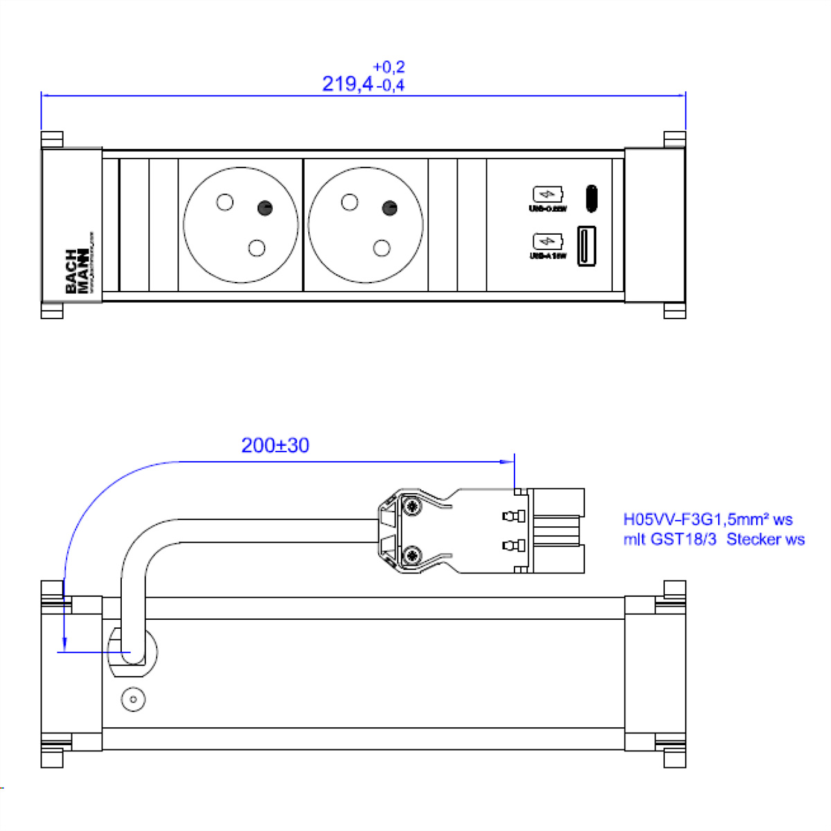 Dessin technique d'une multiprise avec dimensions et ports.