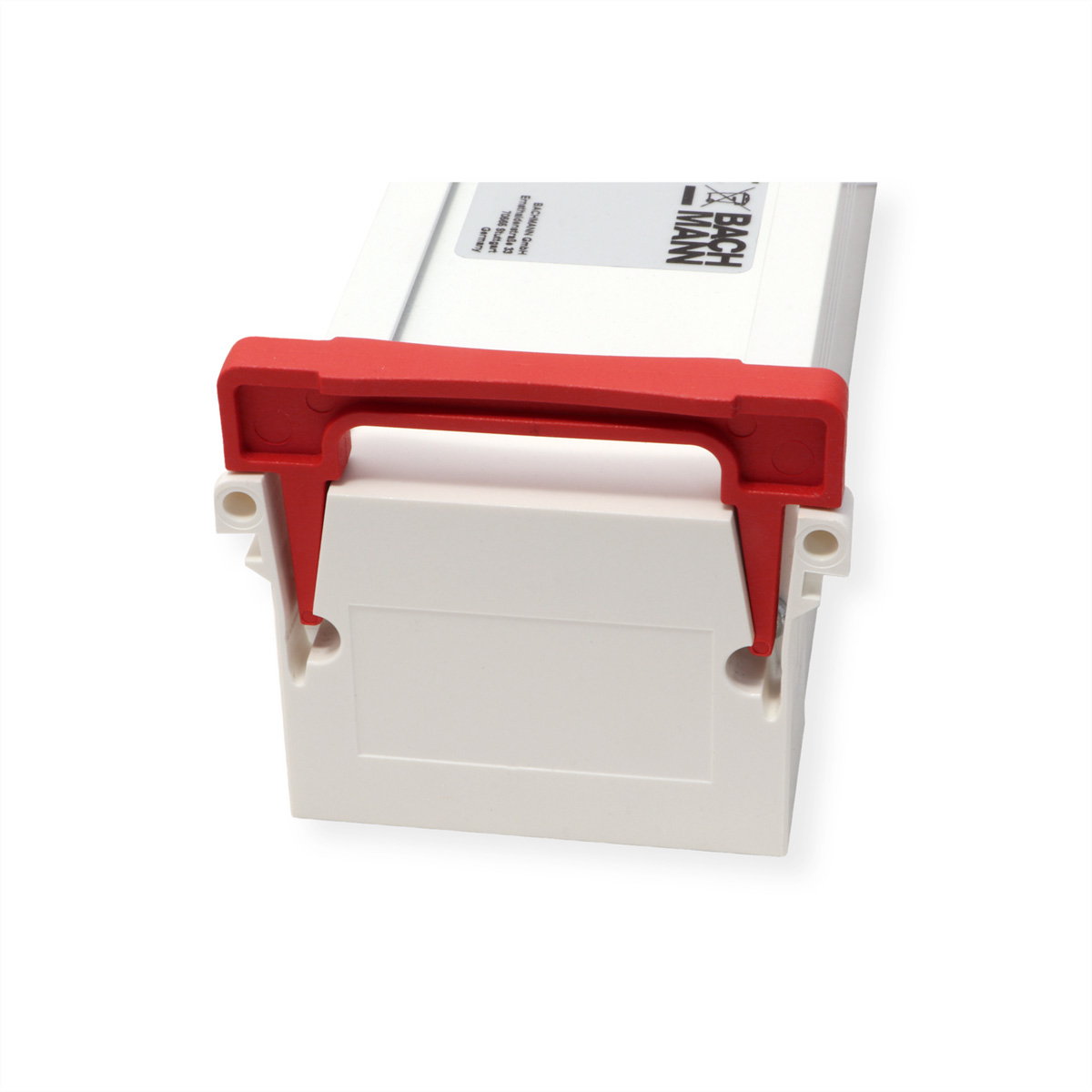 Boîtier électrique blanc avec une poignée rouge. Le logo Bachmann est visible.