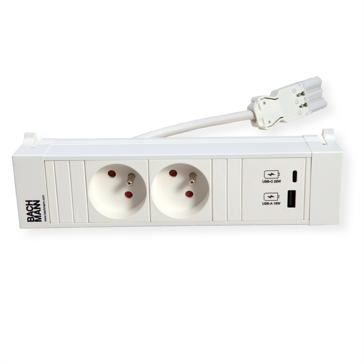 Multiprise blanche avec deux prises, ports USB-C et USB-A, et câble blanc.
