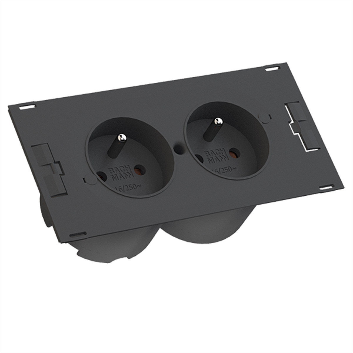 Zwarte inbouw stopcontact met twee stopcontacten.