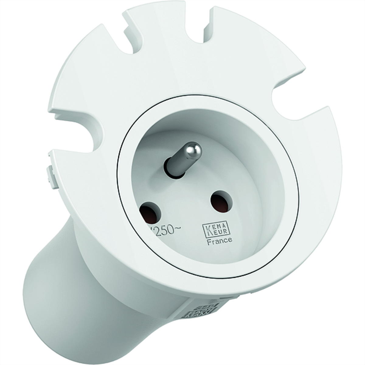 Een witte voedingsadapter. Het heeft een ronde basis en een sleuf voor een stekker.