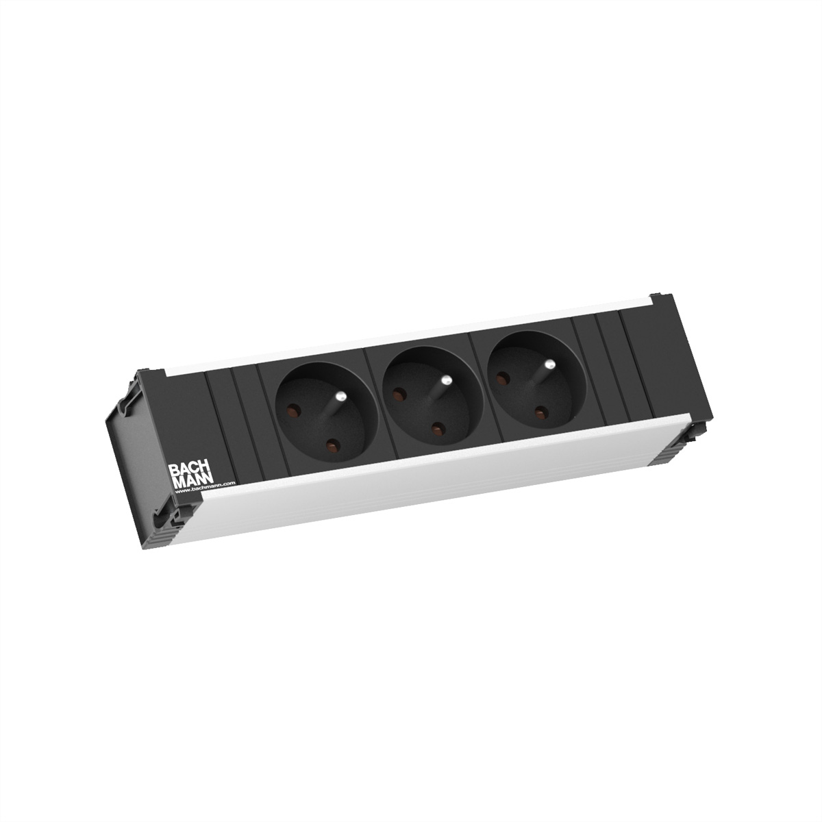 Czarna listwa zasilająca z trzema gniazdami, srebrnymi bokami i nazwą marki.