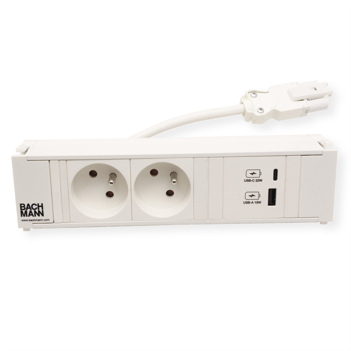 Ciabatta bianca con due prese, porte USB e cavo bianco.