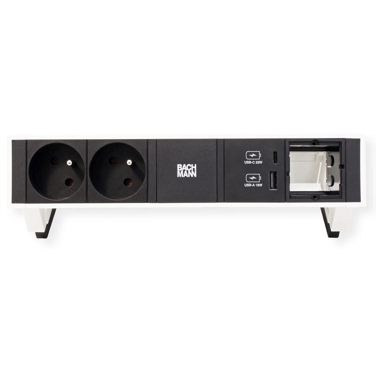Eine weiß-schwarze Steckdosenleiste mit Steckdosen und USB-Anschlüssen. Sie hat Halterungen.