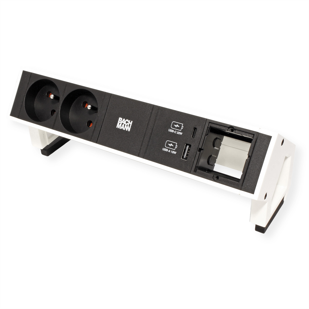 Schwarz-weiße Steckdosenleiste mit Steckdosen, USB-Anschlüssen. Text Bachmann und USB-C/A.