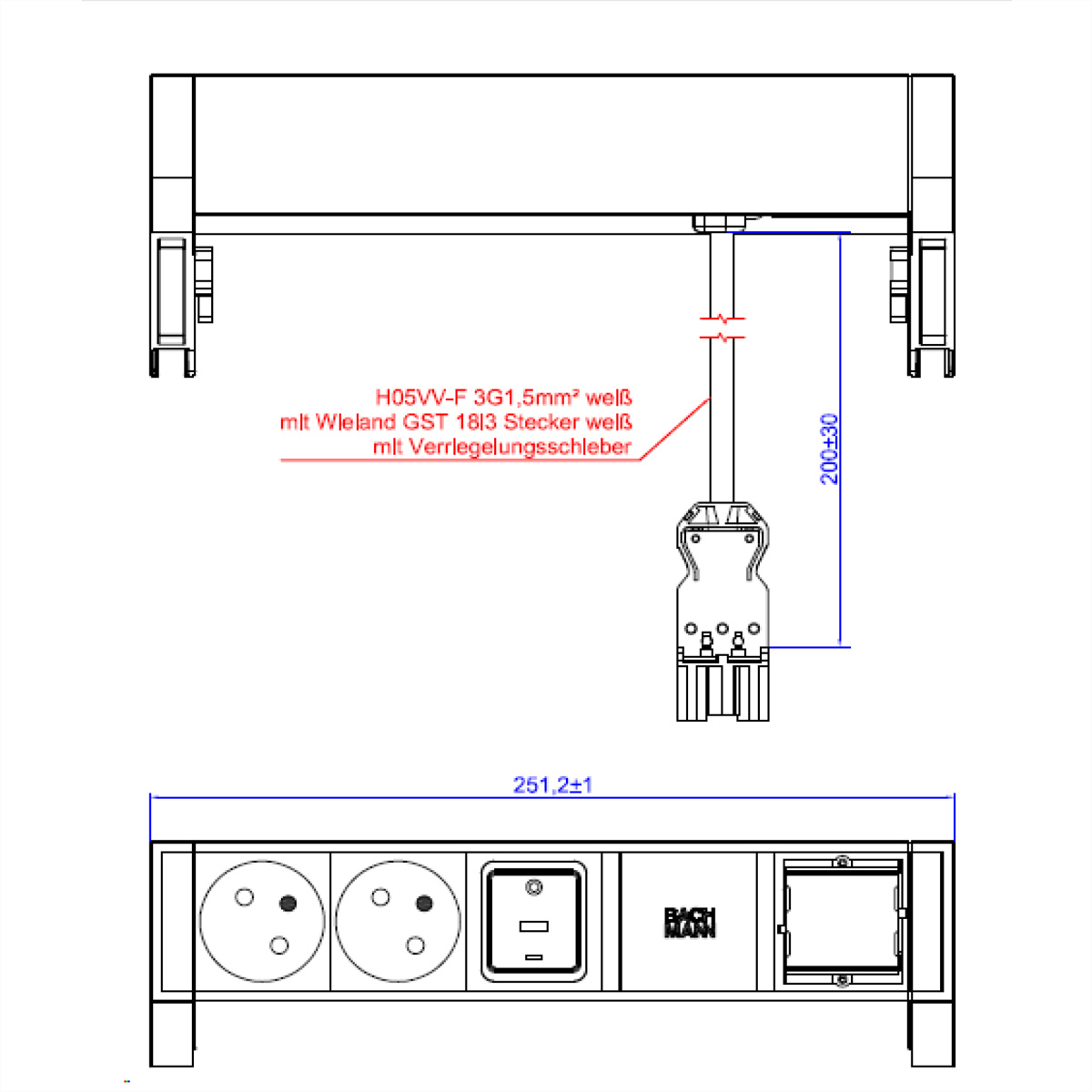 Technische tekening van een elektrisch apparaat met afmetingen en labels.