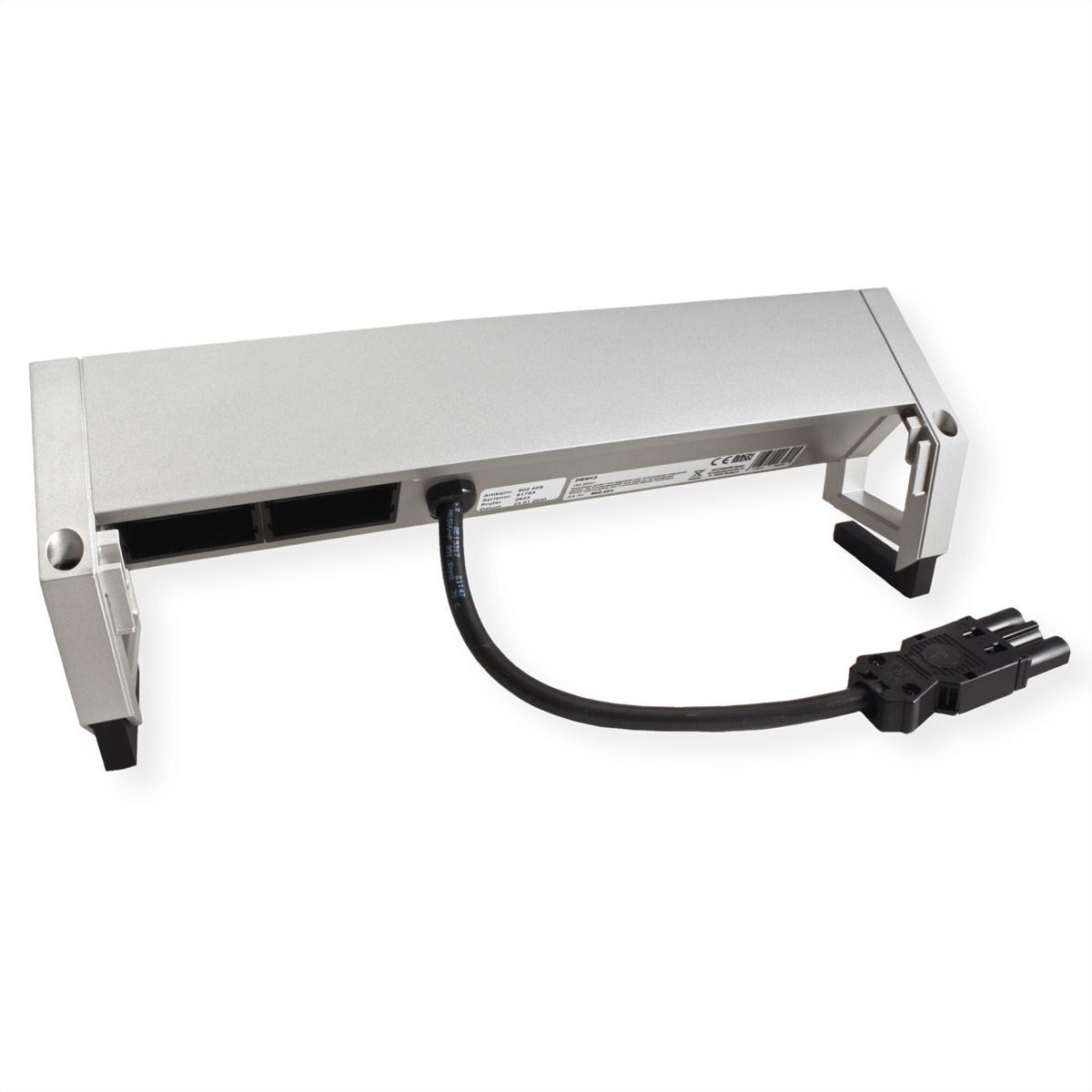 Zilveren metalen balk met twee zwarte ventilatieopeningen. Zwarte kabel en connector. Witte achtergrond.