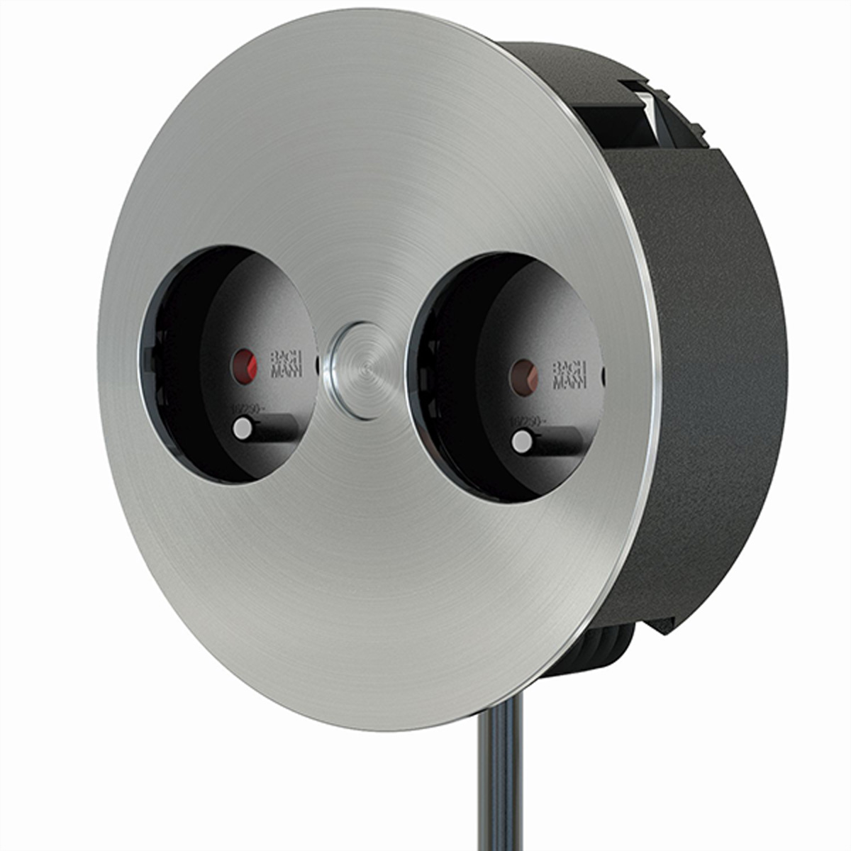 Zilver en zwart stopcontact met twee stopcontacten, op een witte achtergrond.