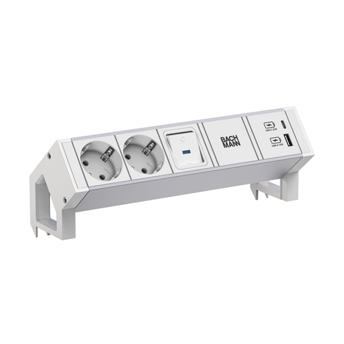 Witte stekkerdoos met twee stopcontacten en USB-poorten. Witte achtergrond.