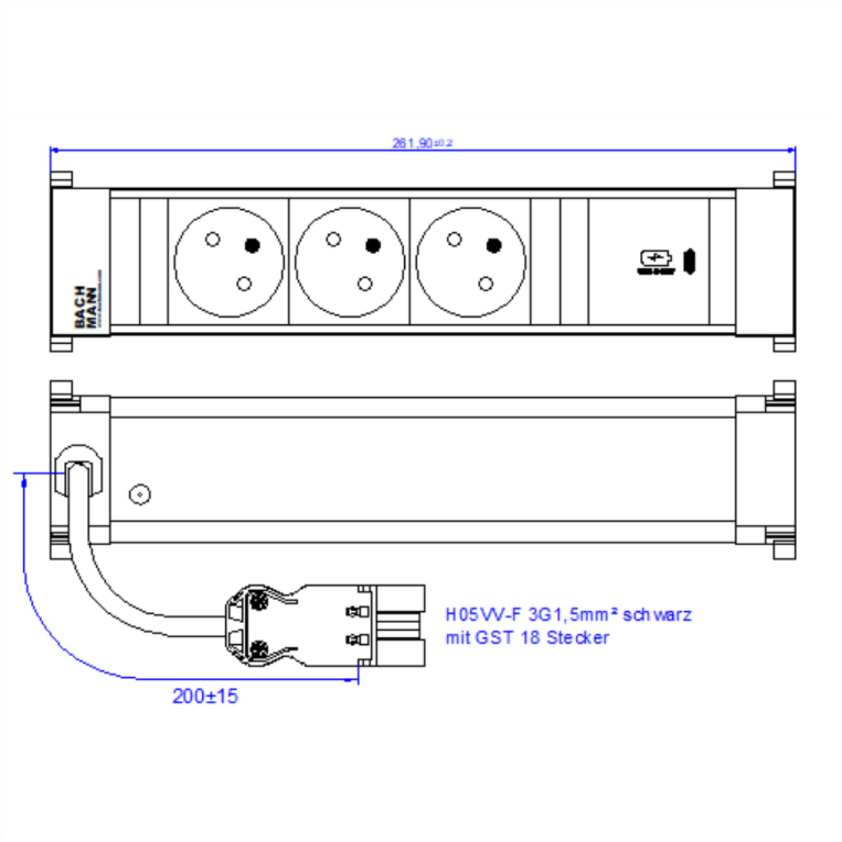 Technische Zeichnung einer Steckdosenleiste mit drei Steckern und einem USB-Anschluss, mit Abmessungen und Kabeldetails.