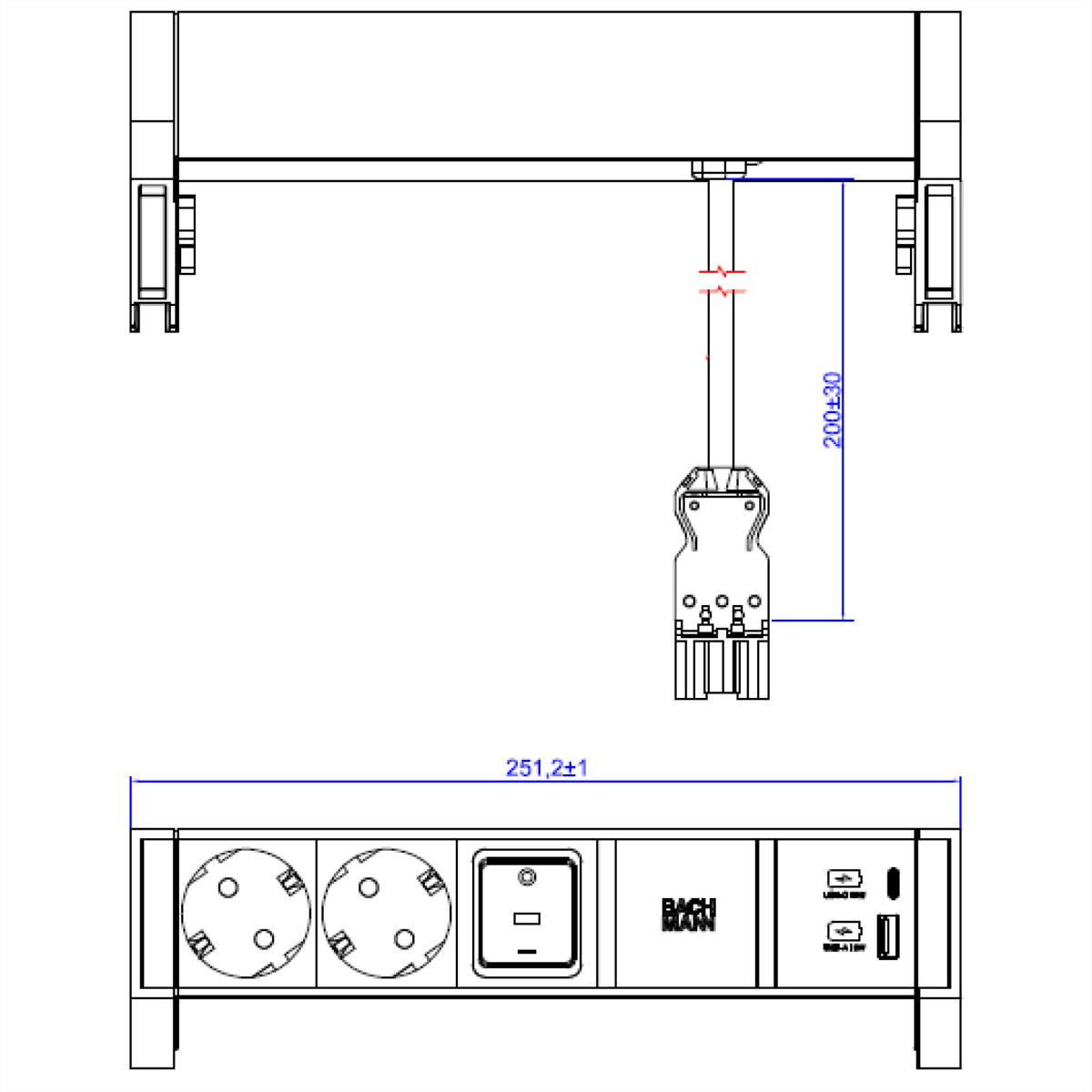 Technische tekening van een stopcontact met afmetingen en tekst.
