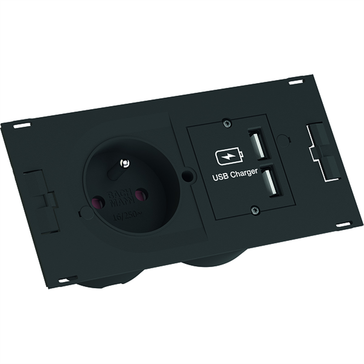 Presa di corrente nera con caricatore USB, incassata, con presa di corrente e porte USB visibili.
