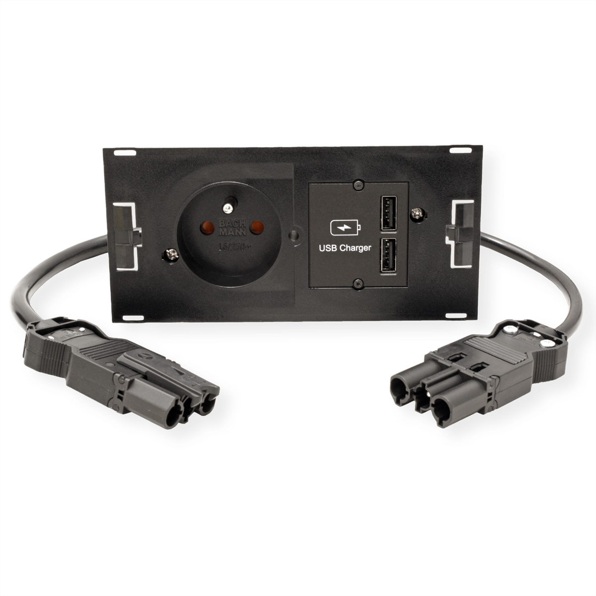 Una presa di corrente nera con porte USB e due connettori di alimentazione neri. Sfondo bianco.