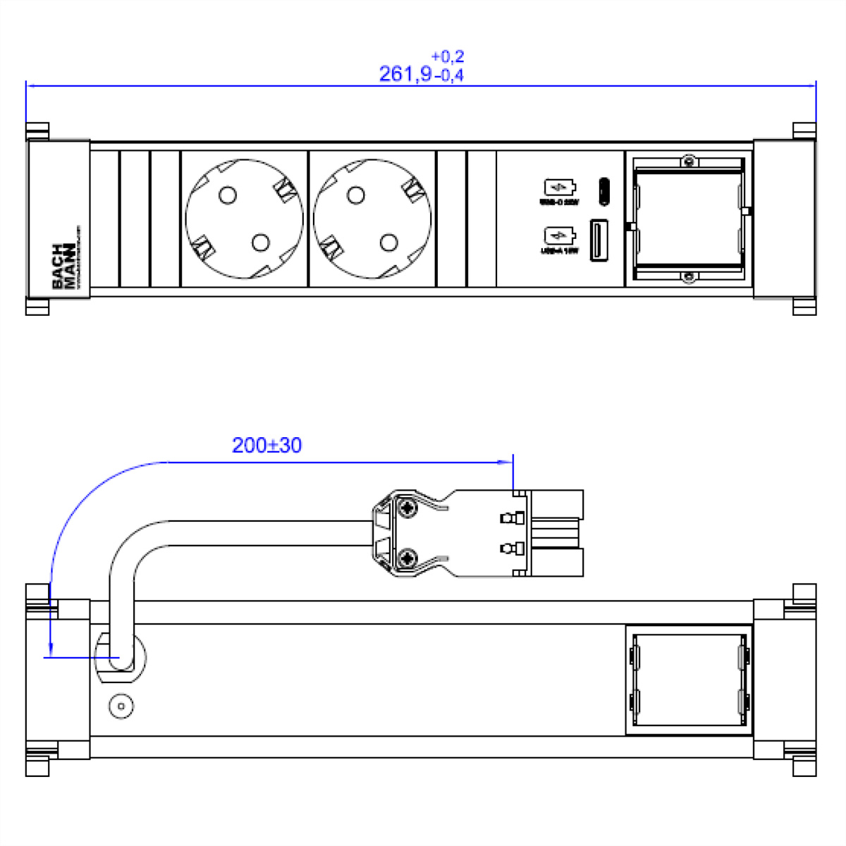 Technische tekening van een stekkerdoos met afmetingen en details.