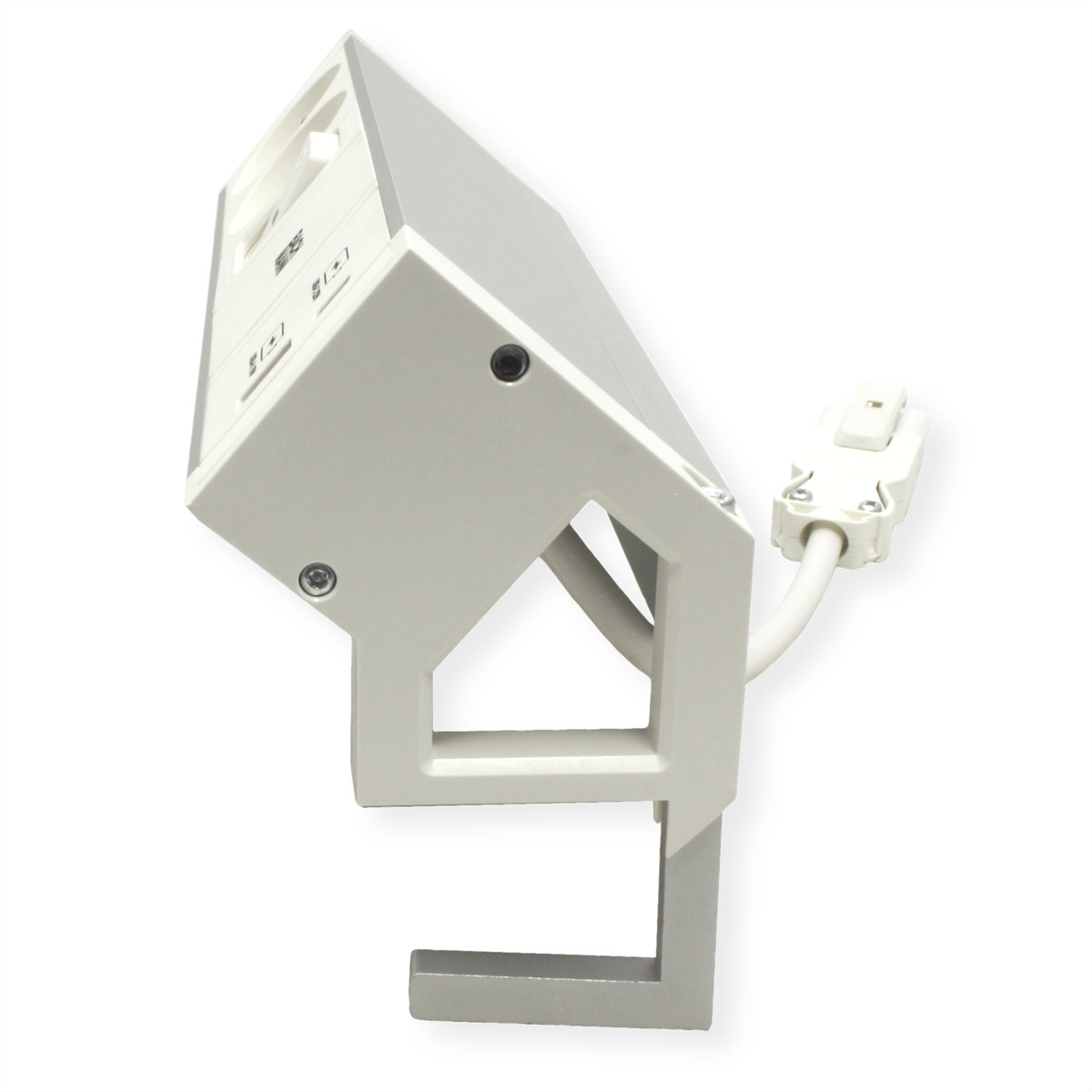 Een witte stekkerdoos met stopcontacten en USB-poorten. Het product staat schuin op een witte achtergrond.