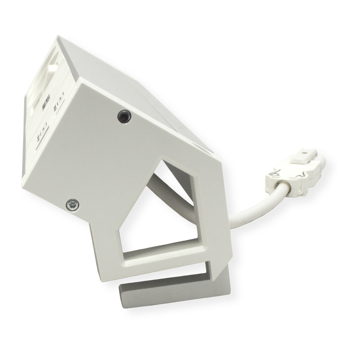 Wit en grijs elektrisch onderdeel. Schuin, met kabel en connector. Witte achtergrond.