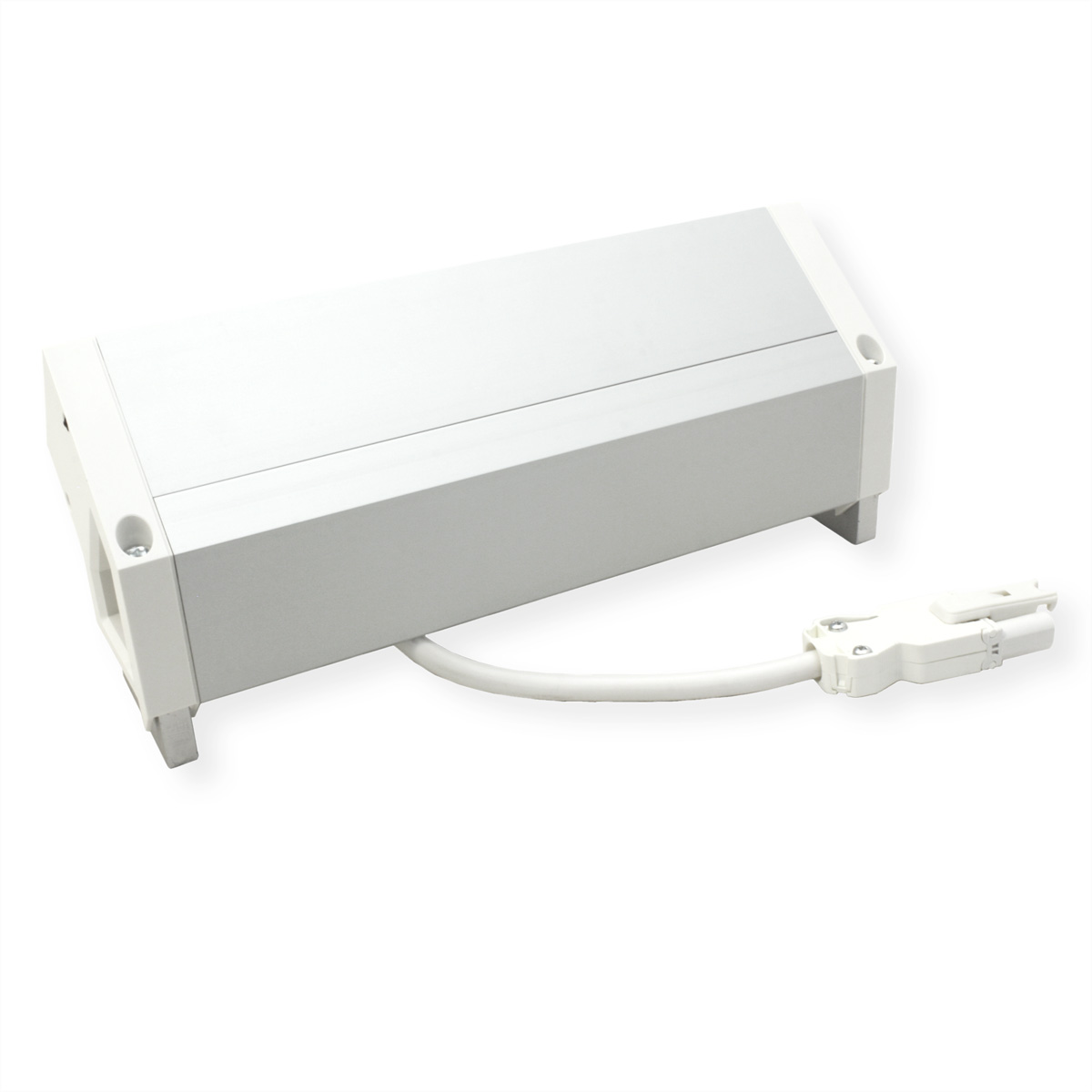 Witte voedingsadapter met een witte kabel en connector. Geïsoleerd op witte achtergrond.