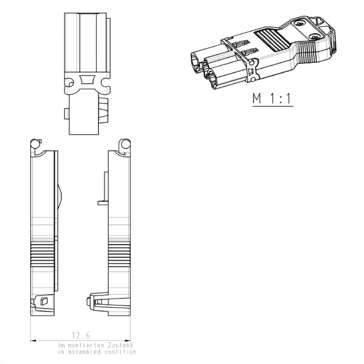 Technische tekening van een voedingsconnector met afmetingen en labels. Het is een zwart-wit omtrek.