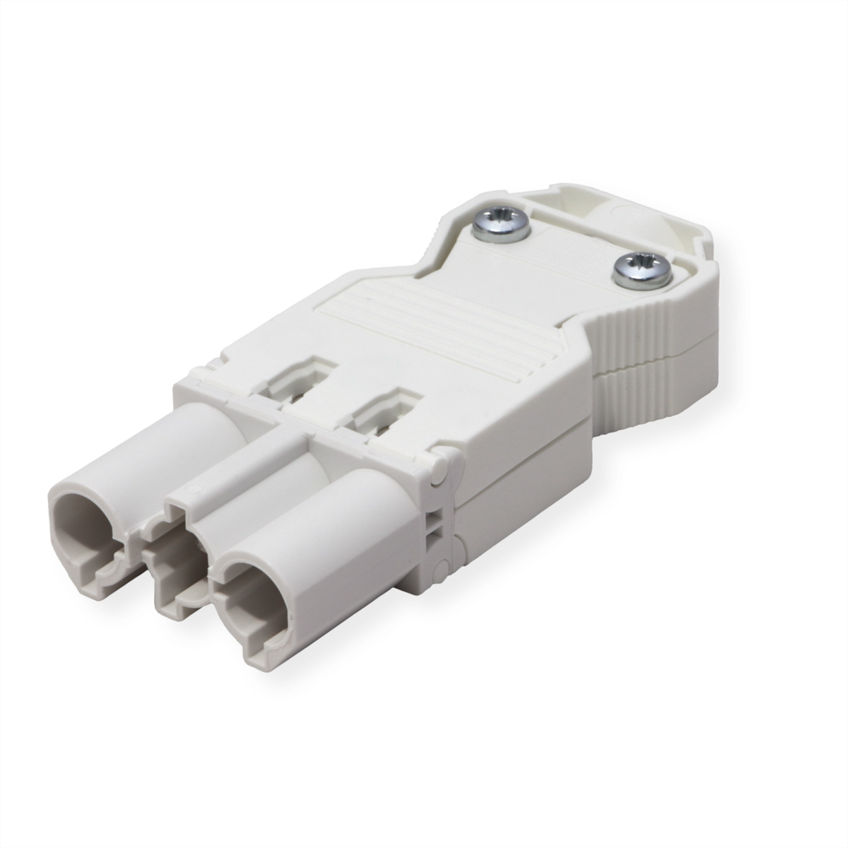 Witte 3-pins voedingsconnector met schroeven. Schuine weergave. Witte achtergrond.