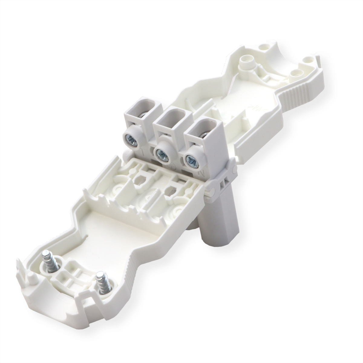 Witte kunststof elektrische connector met drie openingen en metalen schroeven.
