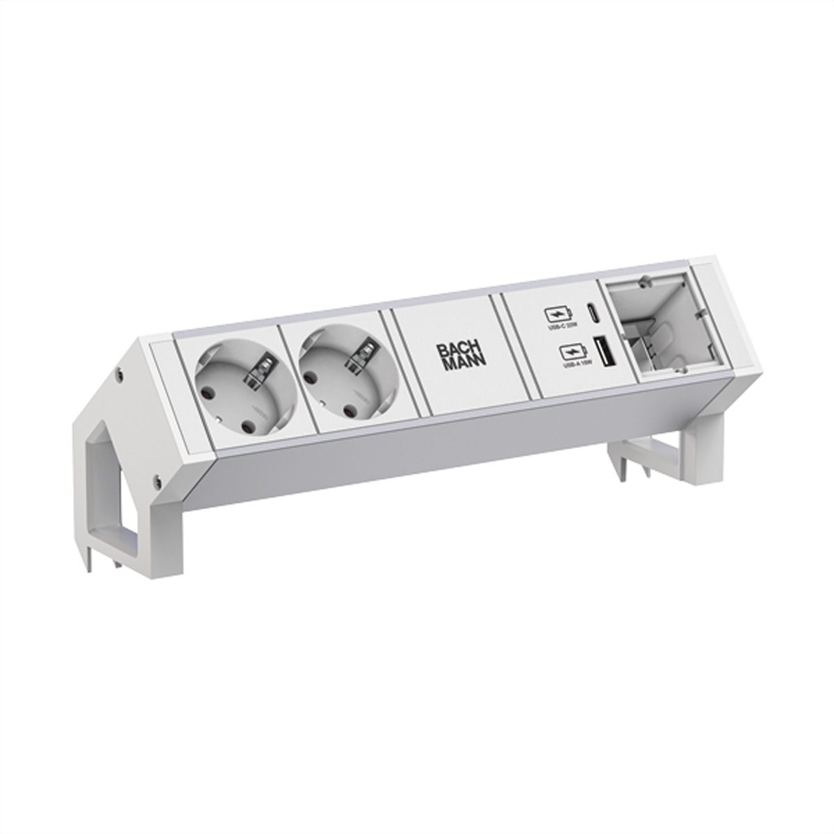 Een wit stopcontact met twee stopcontacten, USB-poorten en een witte standaard. Witte achtergrond.