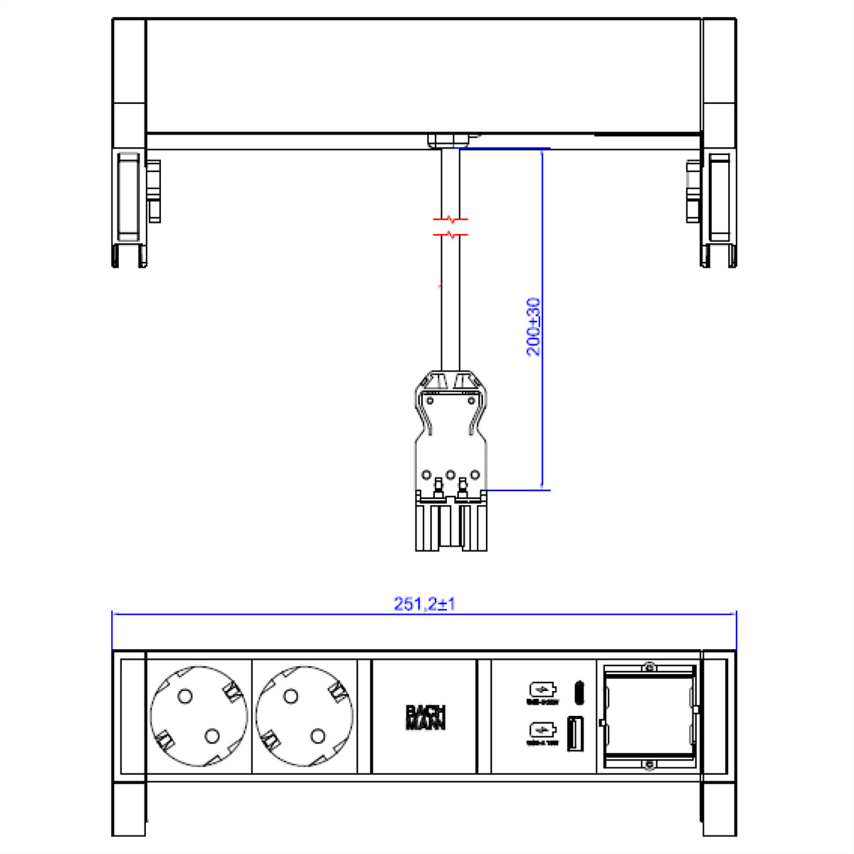 Technische tekening van een elektrisch paneel met stopcontacten, connectoren en metingen in blauw.