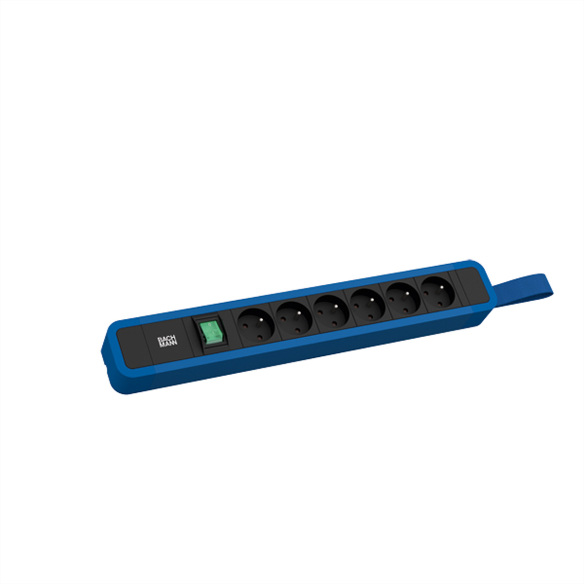 Blauwe stekkerdoos met 7 stopcontacten en een groene aan/uit-schakelaar. Witte achtergrond.