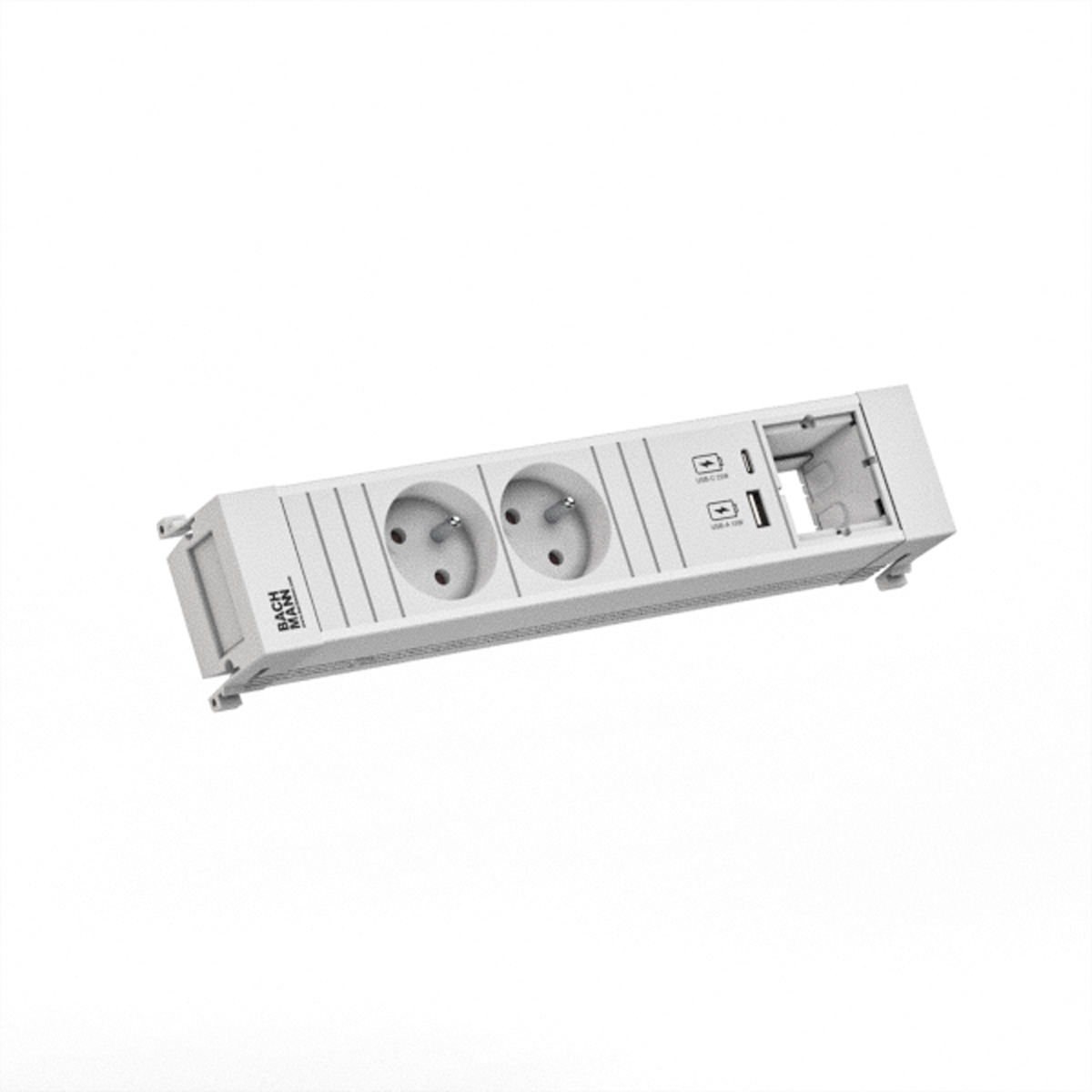 Witte stekkerdoos met twee stopcontacten, USB-poorten en een merklogo op een witte achtergrond.