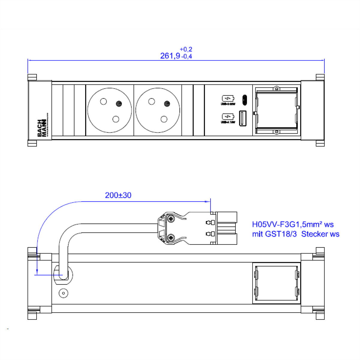 Technische tekening van een stekkerdoos met twee stekkers, twee USB-poorten, afmetingen en kabelspecificaties.