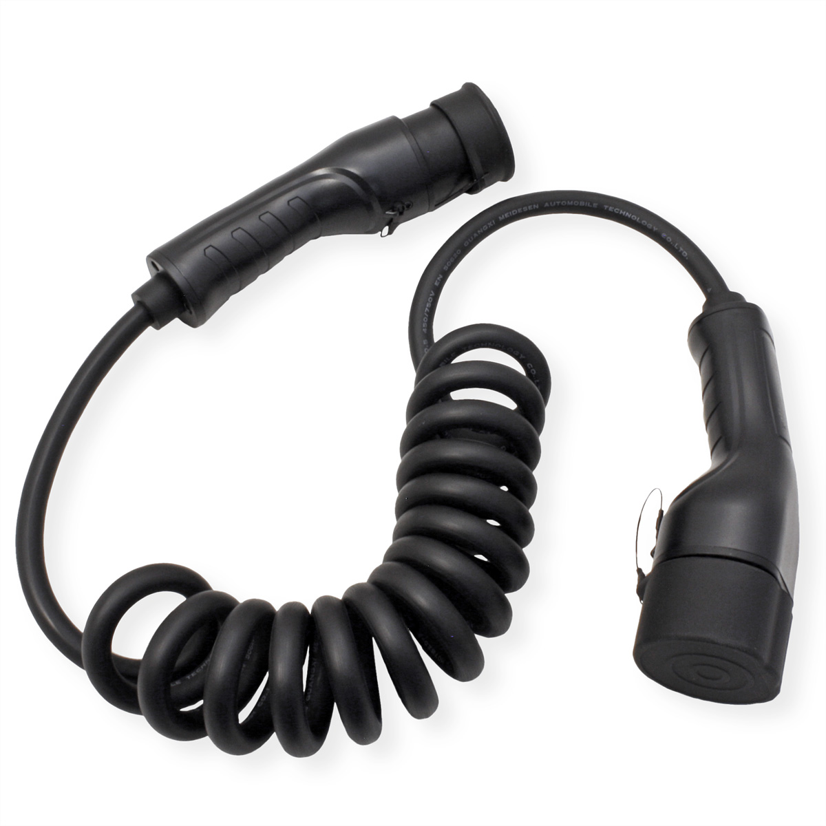 Zwarte oplaadkabel met een opgerold gedeelte en twee connectoren. Witte achtergrond.