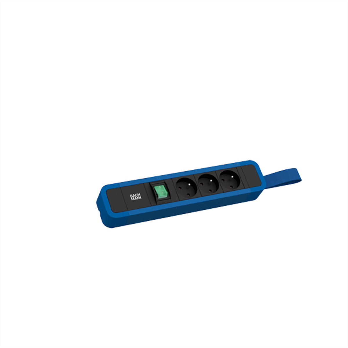 Une multiprise bleue avec un interrupteur vert. Logo noir Bachmann. Fond blanc.