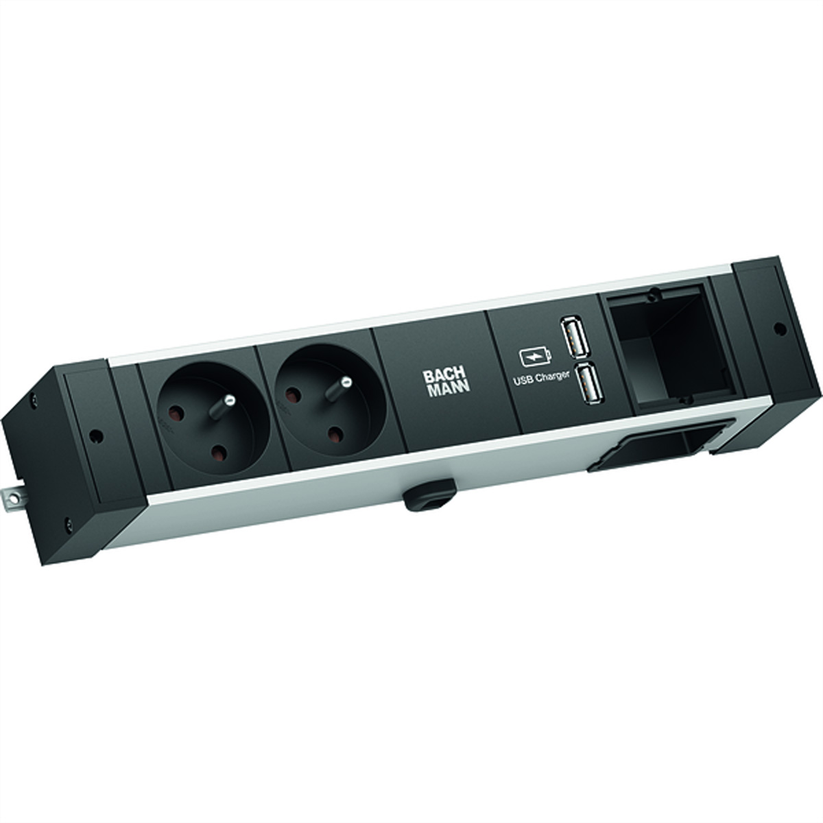 Bachmann stekkerdoos met twee stopcontacten, USB-lader en zwart design.