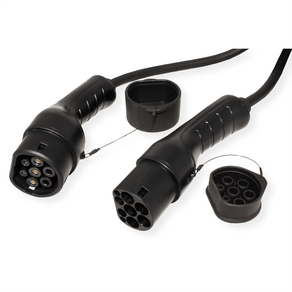 Deux connecteurs de charge noirs avec capuchons de protection, sur fond blanc.