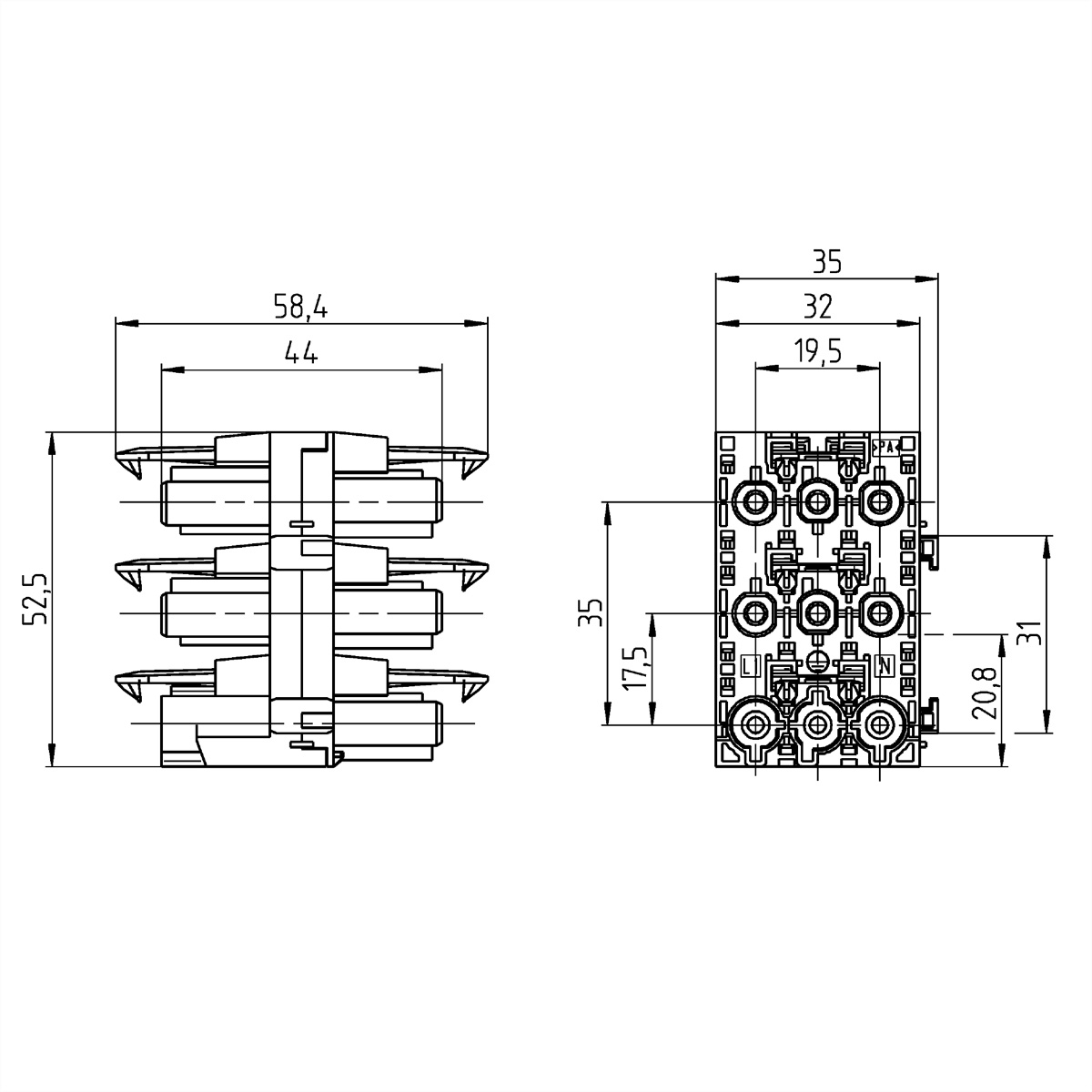 Technische tekening van een connector met afmetingen, zij- en bovenaanzicht.